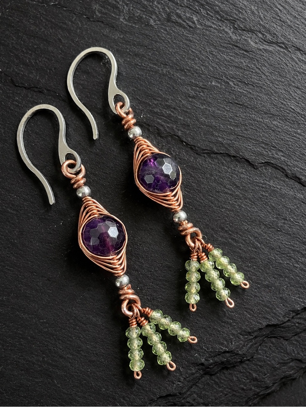 Handcrafted Mixed Metal Wire Wrapped Earrings - Amethyst & Peridot Gemstones